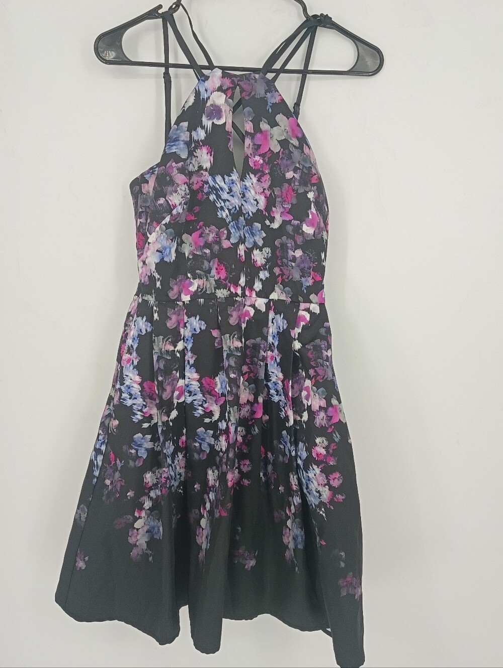 Morgan & Co Black Floral Tie-Open Back Pink & Blue Fit & Flare Mini Dress Size S